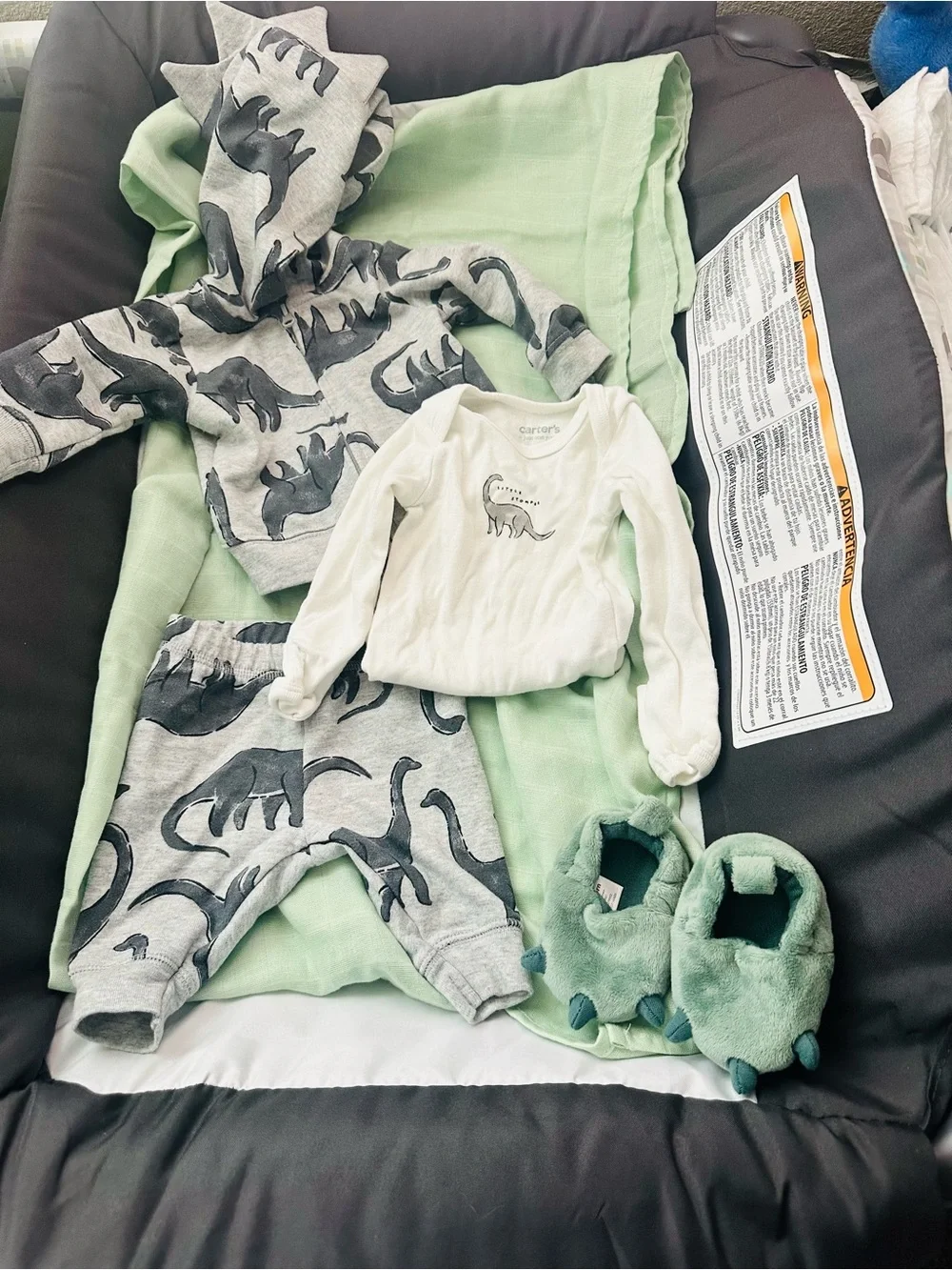 Carter's 3 piece set with Gray Dinosaur Graphic & slippers